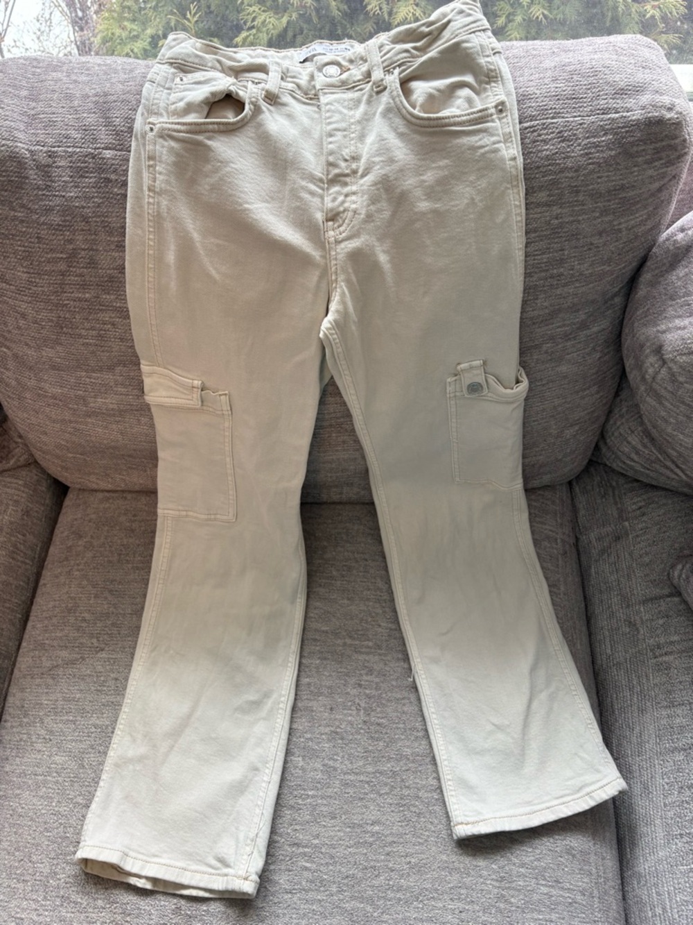 Zara Girls Tan Vanilla Denim Cargo Stretch Pants Size 13-14